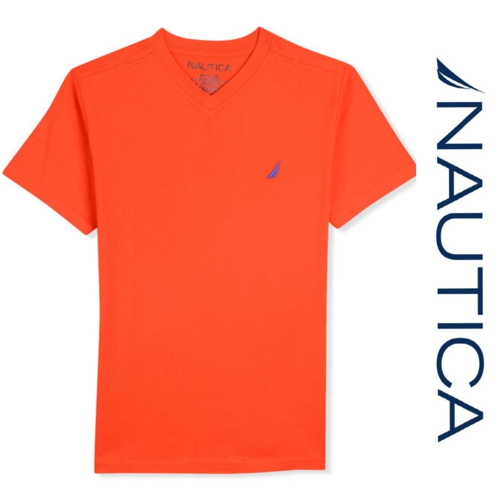 Nautica Essential Solid Orange Boys V-Neck Short Sleeve Tee-Shirt Lg